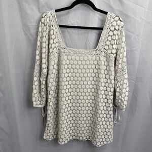 NWT Solitaire Gray Embroidered Boho Top Square Neckline 3/4 Tie Sleeves Size XL